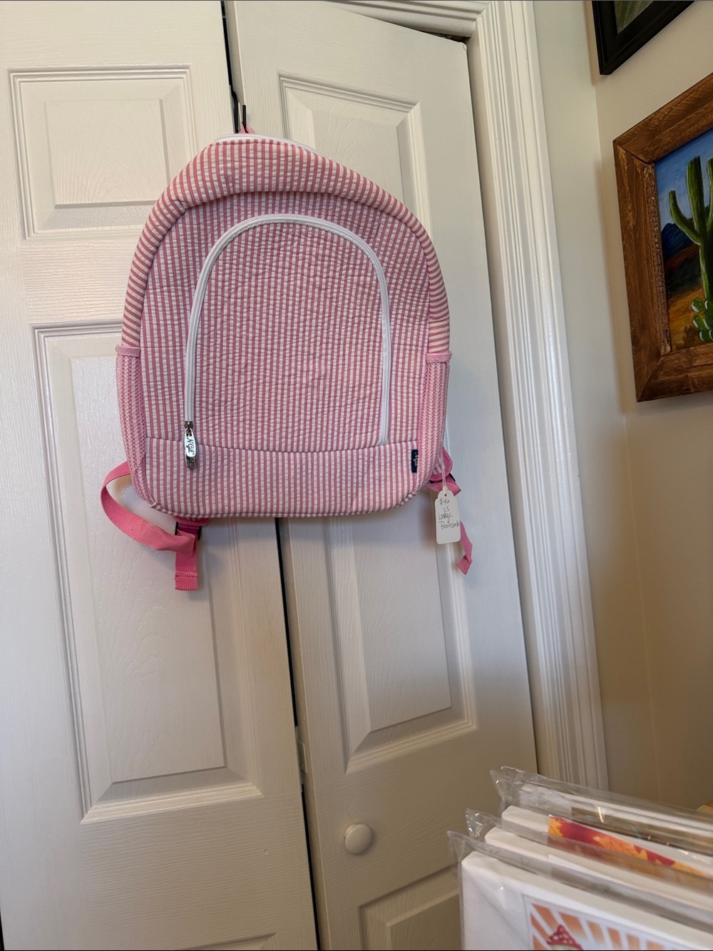 N Gil Pink Seersucker Backpack - Soft Striped Design